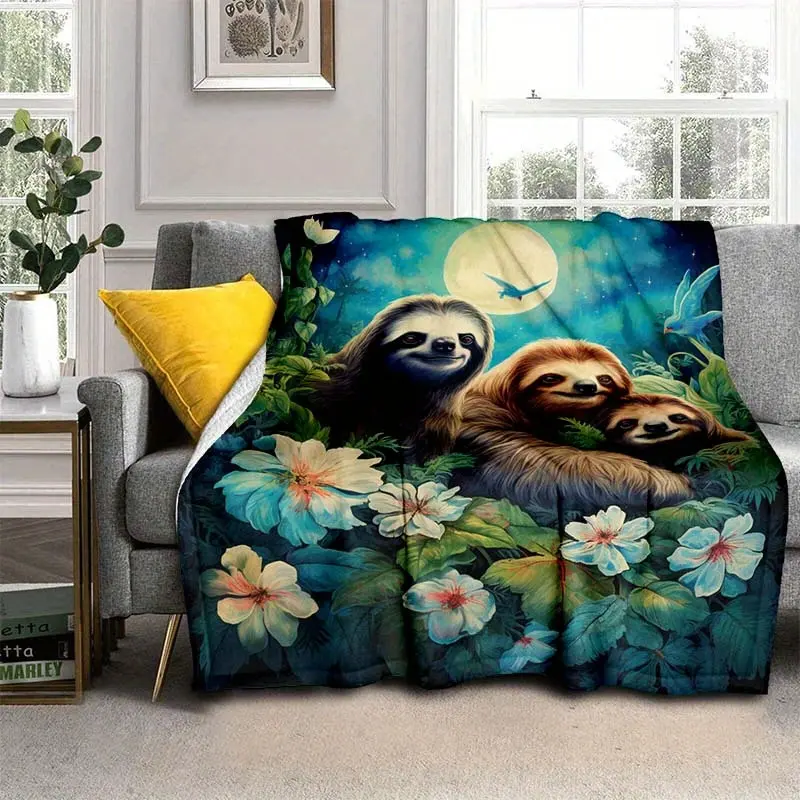 1pc Sloth Family Thin Blanket, Lightweight Flannel Throw For Sofa, Bed, Travel, Camping, Livingroom, Office, Couch, Chair, And Bed, Digital Printing Fleece Blanket With Soft And Warm Flannel Fabric