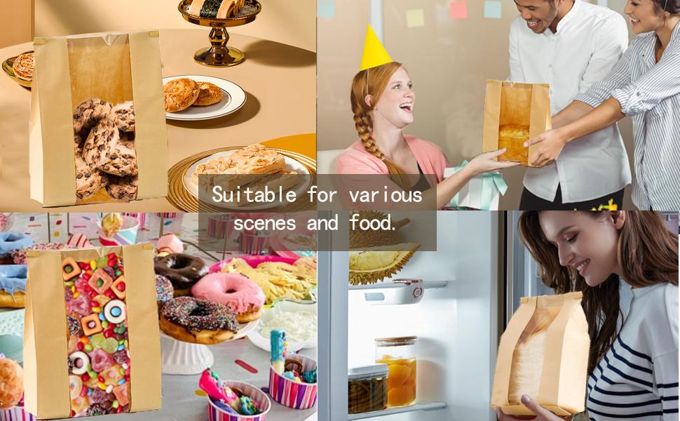 100 Pcs(13.7x8.2x3.5 in) Paper Bread Bags for Homemade Bread, Sourdough Bread Bags with Window, Sourdough Storage Bags for Bread Packaging includes 500 Cute Seal Stickers