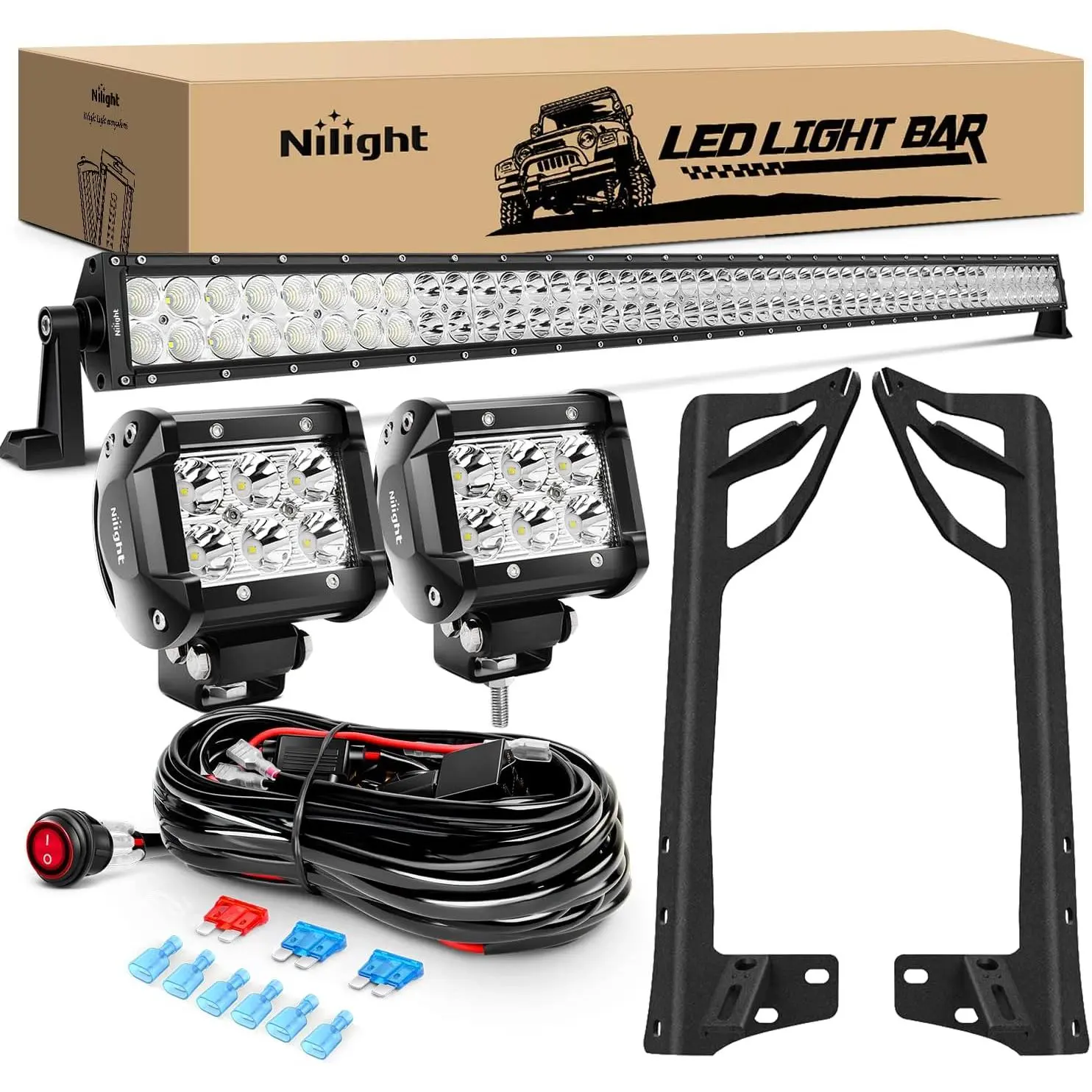 Nilight 52Inch Led Light Bar Spot Flood 2Pcs 18W 4Inch Spot LED Pods Windshield Frame Mounting Bracket on Wrangler JK 2007-2017 with Off Road Wiring Harness- 3 Leads Car Accessories  dealsforyoudays, Led Work Light, Cars Accessories