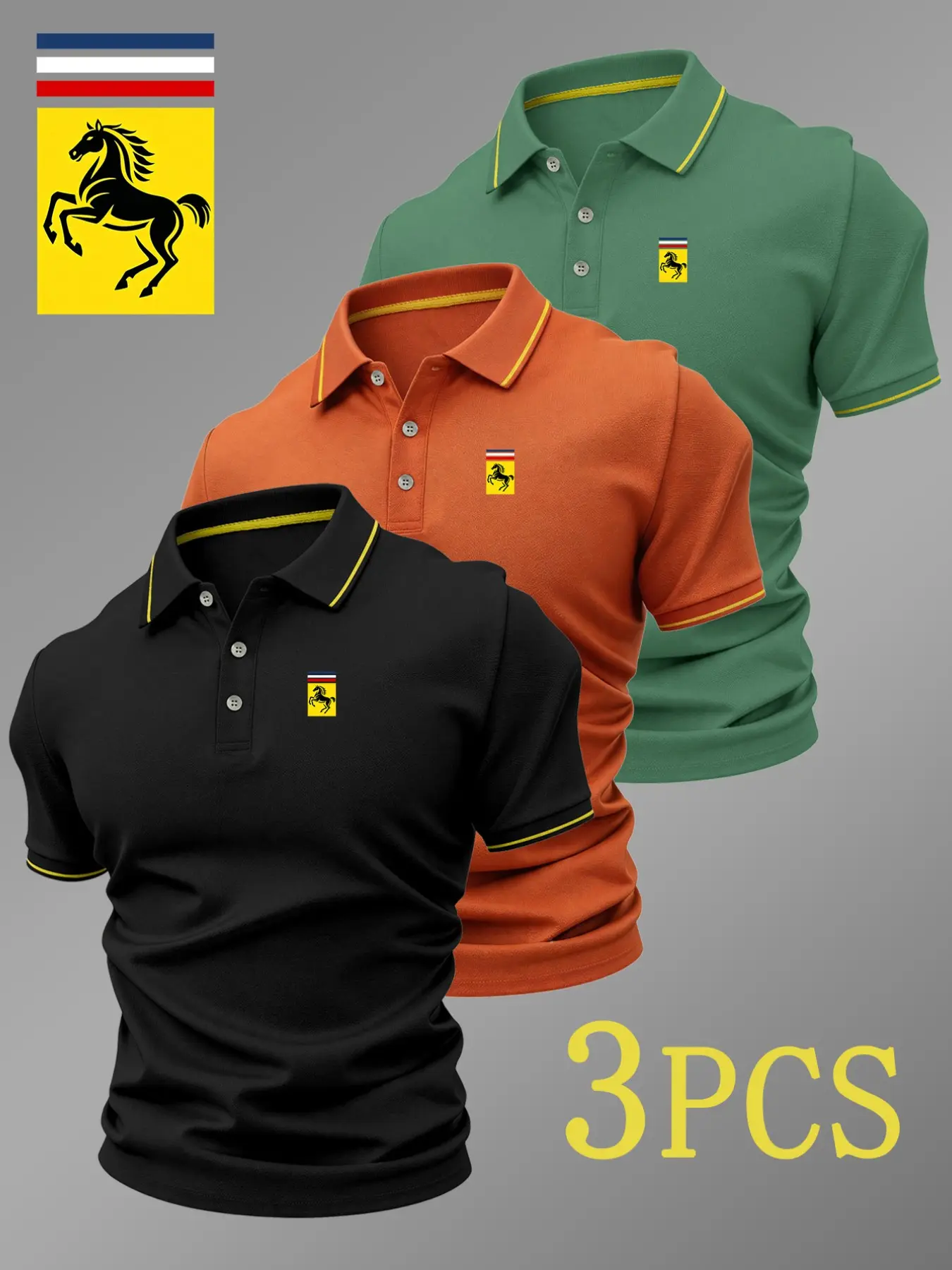 Men's Luxury Golf Polo Shirts, 3-Pack, Horse Emblem Print, Collared, Stretchy, Breathable, All-Season Comfort, High-Quality
