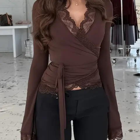 Long Sleeve Lace Patchwork Tie Top Elegant Women Daily Wear Sexy Bodycon Ladies T-Shirt Tops