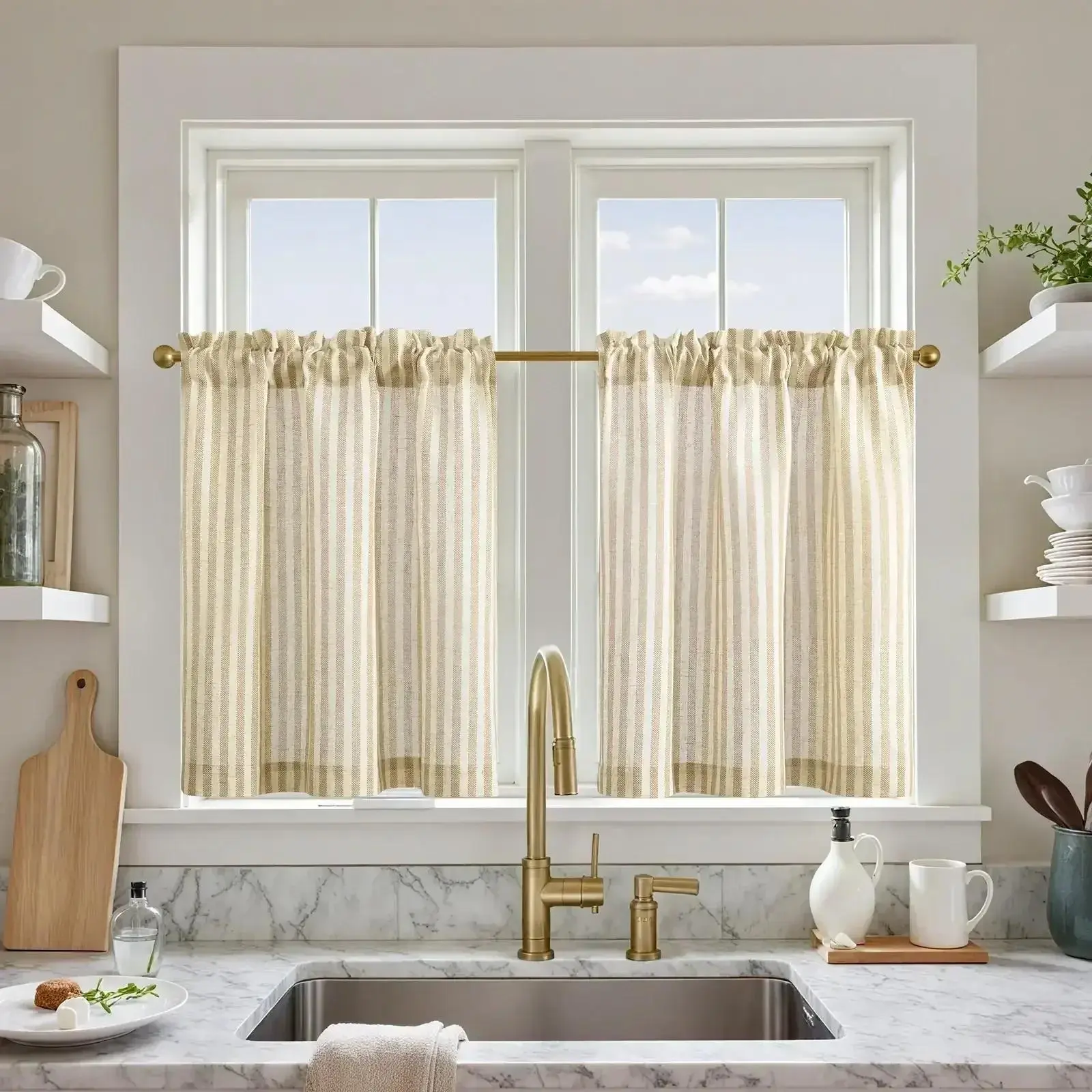 Colorful Striped Linen Cottage Curtains with Wood Ear Edges, Blue Vertical Stripe Kitchen Curtains, Blue Vertical Stripe Curtains
