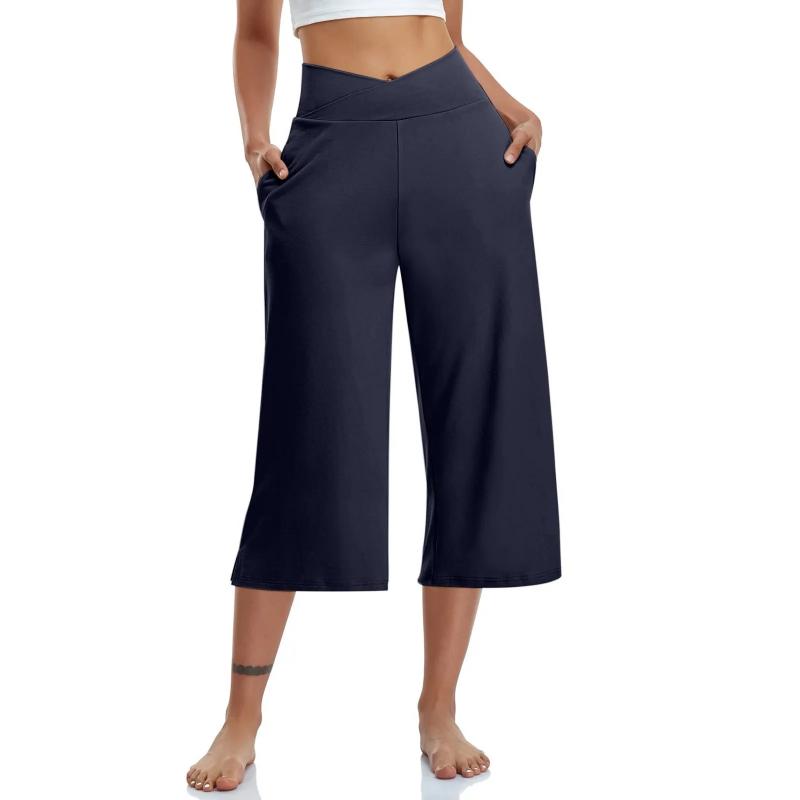 Women  Elastic High Waist 3/4 Pant Casual Active  Fit Wide Capris Leg Pants Trousers With Pockets Pants for Women Womens Pants Girl Fashion Blue Red
