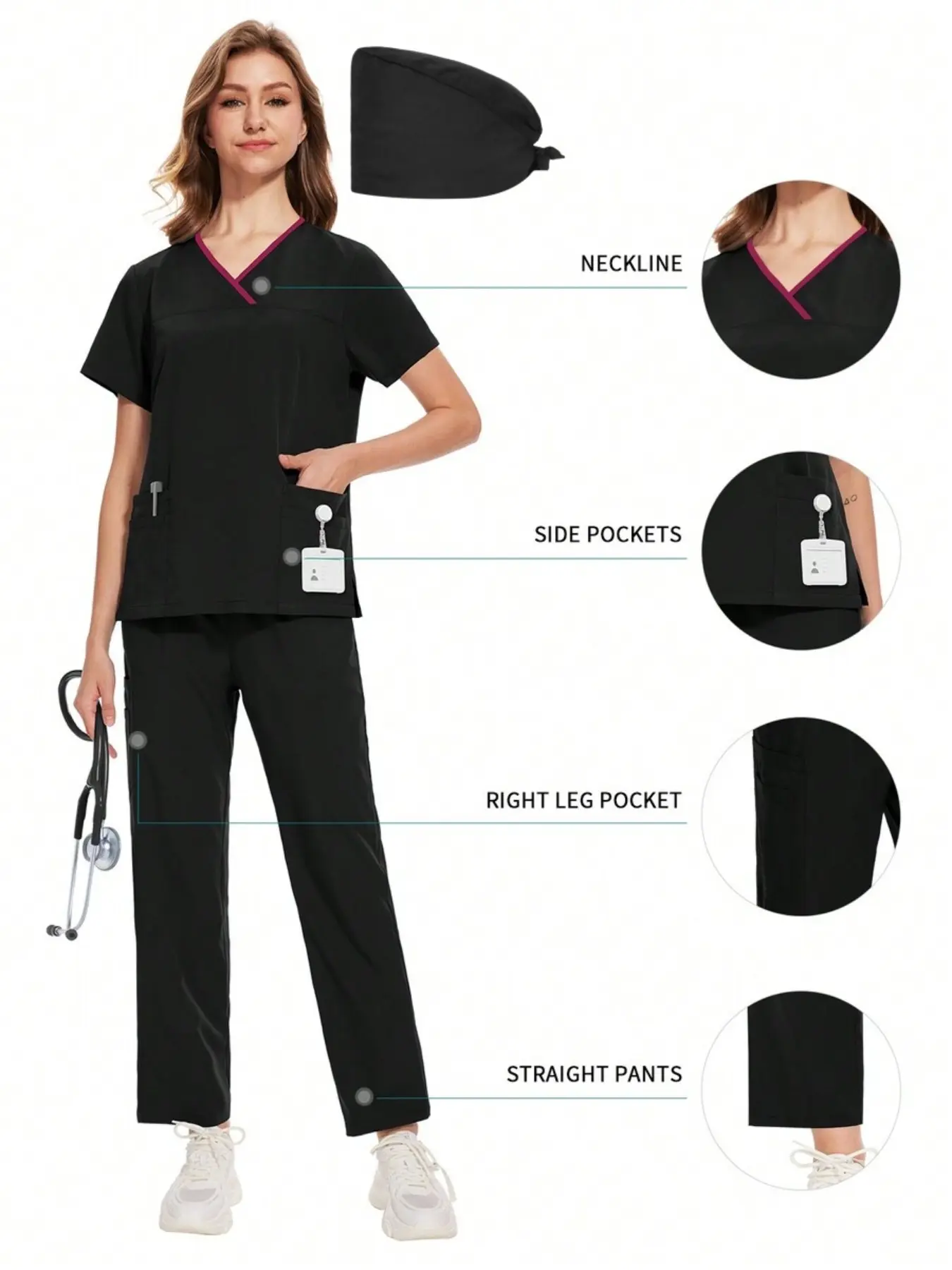 Nurse Uniform, Top, Pants and Hat Three Piece Set Hospital Coverall Set Operating Room Surgical Uniform Work Uniform Dental Surgery Nurse Uniform Beauty SPA Uniform