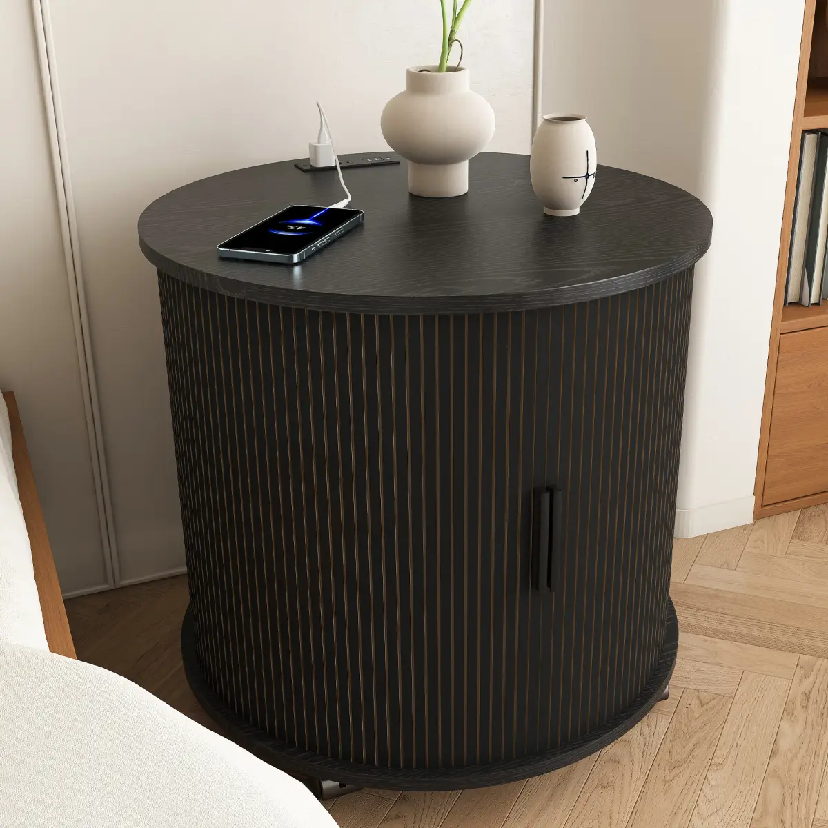 Round End Table with Charging Station, 23.6" Fluted Side Table with Sliding Tambour Door, Small Nightstand, Mid Century Modern Nightstand with Storage Shelf, Cylinder Accent Table for Bedroom, Living Room,Black
