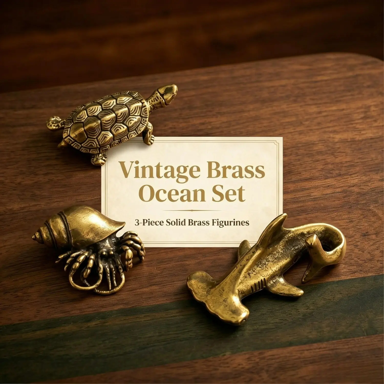3pcs Vintage Solid Brass Ocean Animal Mini Figurine, 3 Styles Hermit Crab Conch, Money Turtle, Hammerhead Shark Small Ornament for Desk Decor, Hand Fidget Collectible