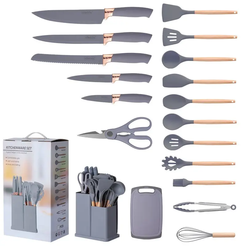 19-Piece Cooking Kitchen Set, Knife and Silicone Utensil Combo, Wooden Handles, Heat-Resistant, Non-Stick Pots, Includes Storage Bucket, Ideal for Induction Cookers, Nonstick Kitchen Kit
