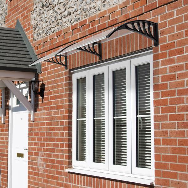Window Awning Door Canopy Exterior 80" x 40" Awnings for Doors Polycarbonate Cover Patio Door Awning Rain Snow Sunlight Protection Hollow Sheet Brown Board & Black Bracket Adjustable Shade