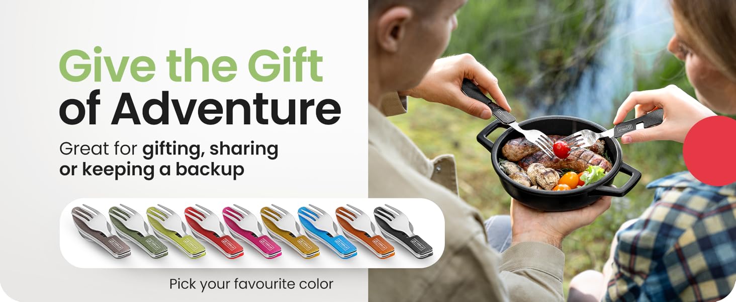 AGS Orblue 4-in-1 Camping Eating Utensils, 2-Pack - Portable Spoon, Fork, Knife & Bottle Opener Combo Set - Stainless Steel Flatware with Detachable Fork - Travel, Backpacking Cutlery Multitool, Yellow