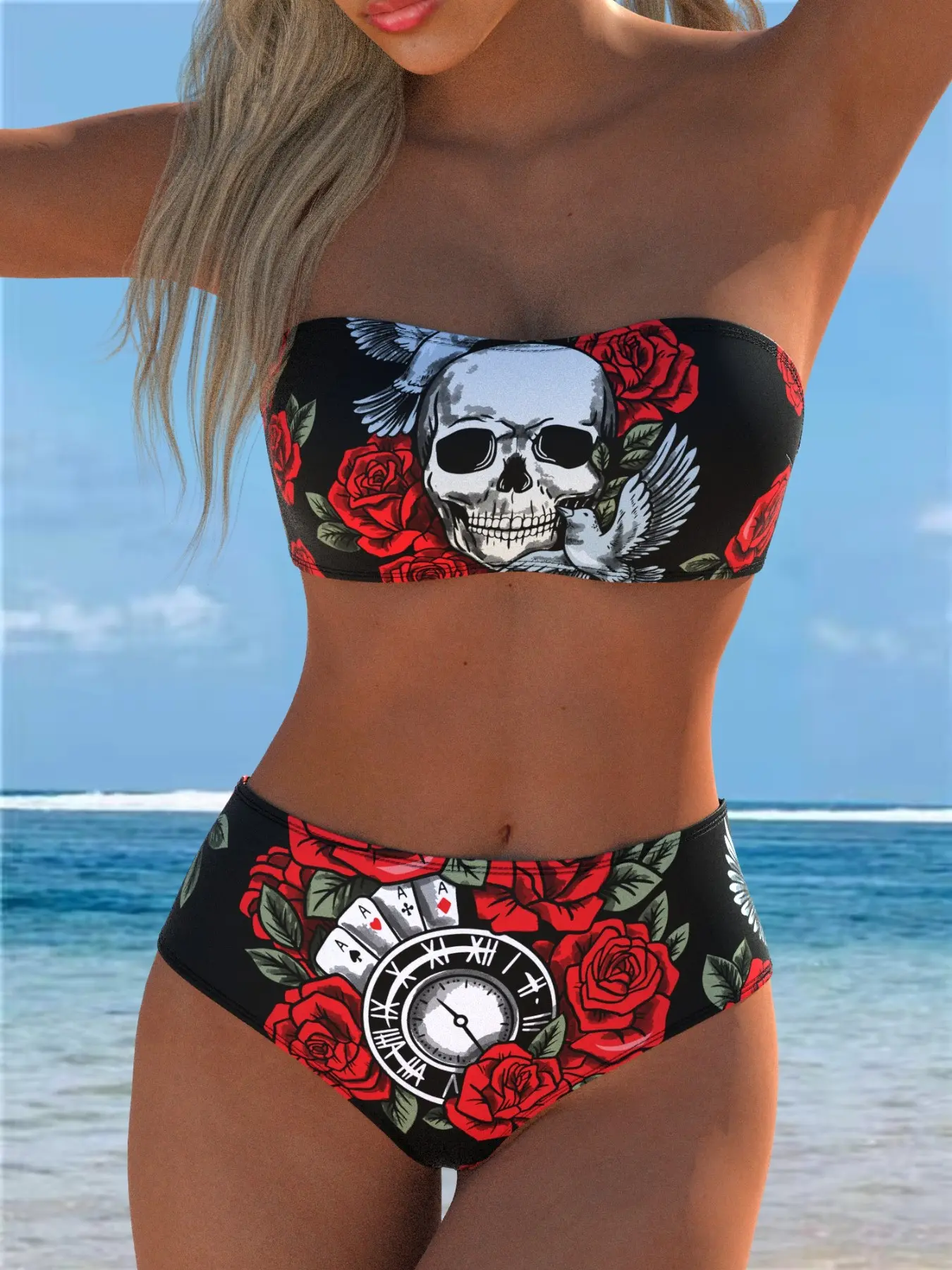 Women's Strapless High-Waisted Two-Piece Swimsuit, Retro Skull Rose Clock Poker Cool Swimwear, Sexy Slim-Fitting Bathing Suit