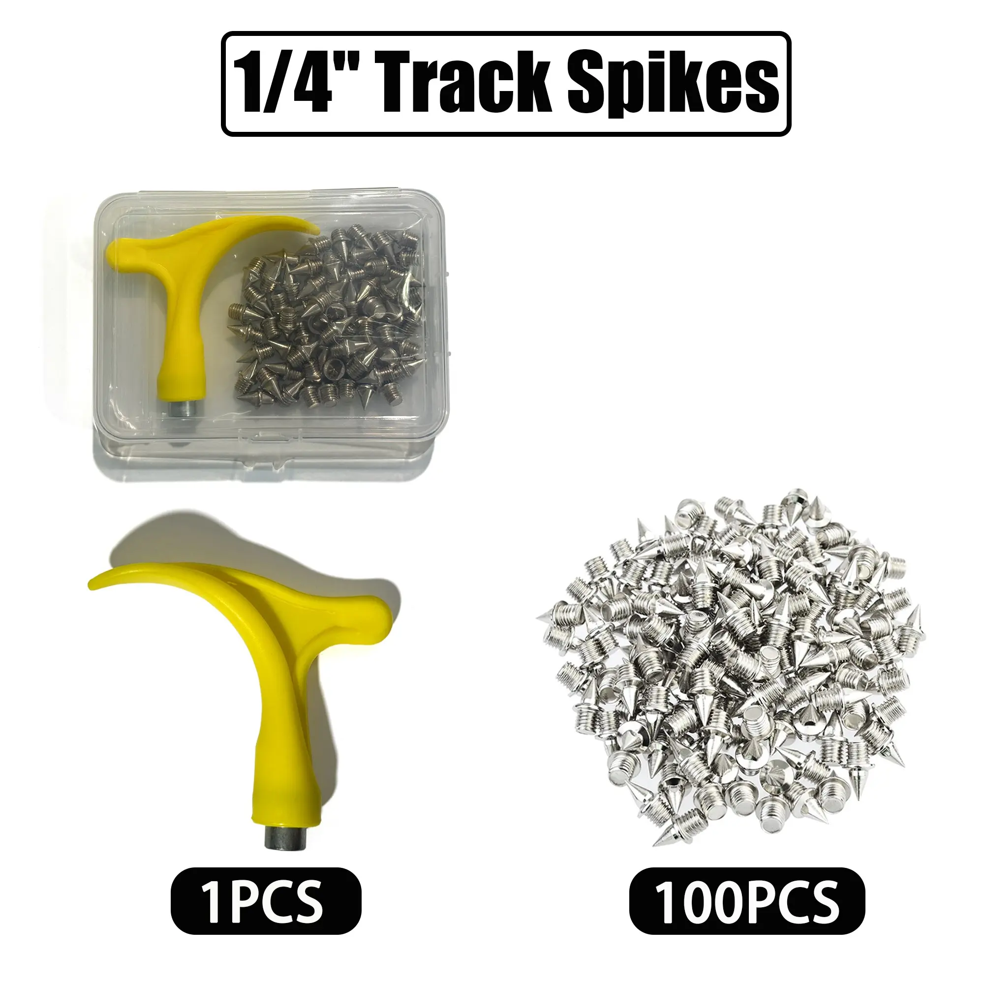 100pcs 1/4 Inch Pyramid Steel Track Spikes, Wear Resistant Strong Grip, Replacement Shoe Spikes with Spike Wrench, Universal for Sprinting