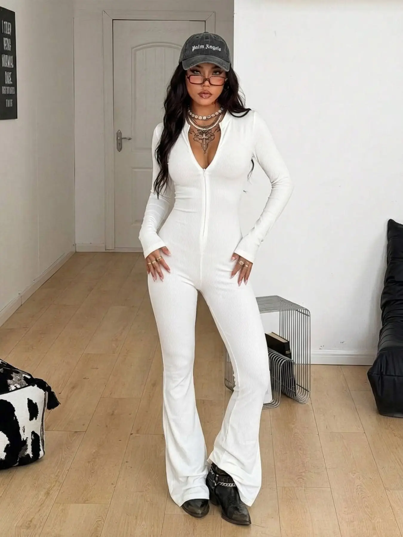 Women's Front Zipper Long Sleeve Romper, European and American Style, Slim Fit, Stretchy, Sexy Jumpsuit, Micro Flare Pants