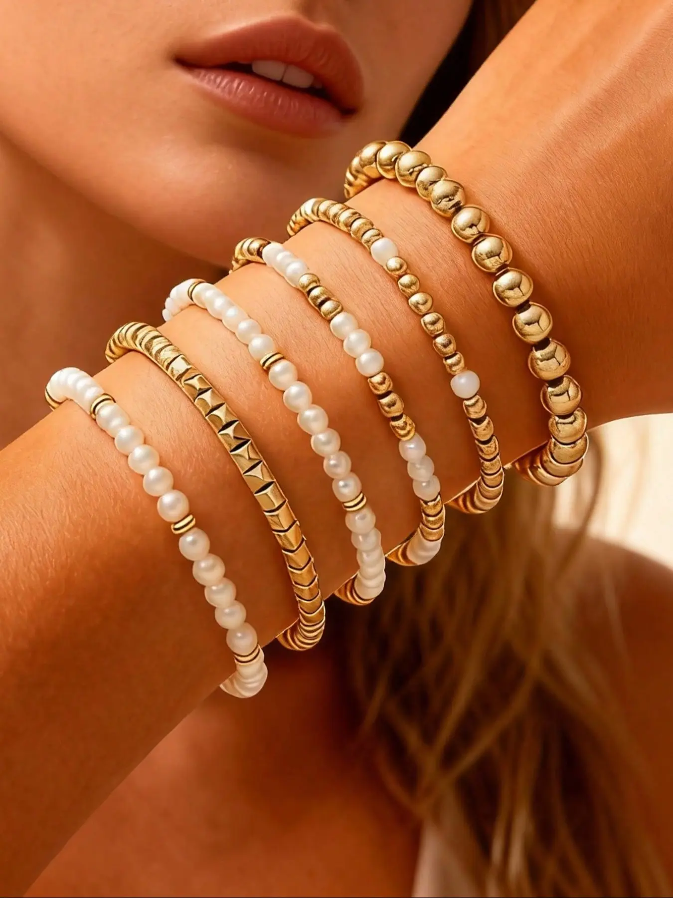 Women's Elastic Stackable Bracelet Set, Handmade Pearl Beads Ccb Jewelry, Perfect Gift for Travel & Daily Wear, Fashion Accessories
