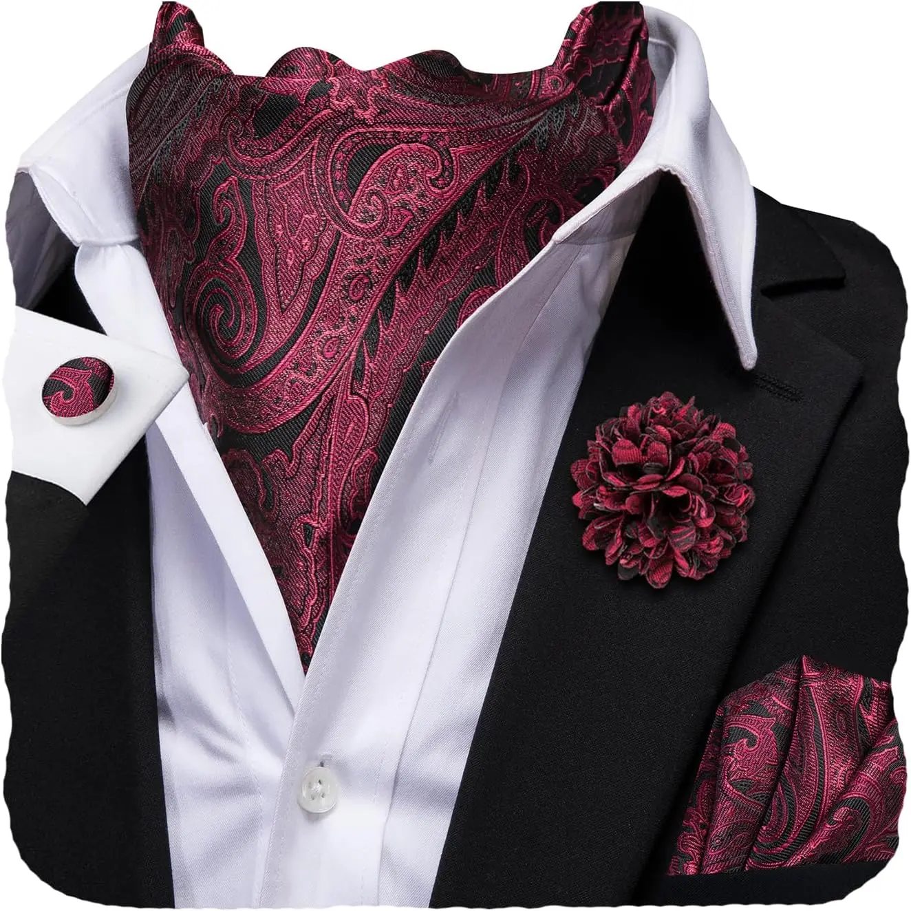 Hi-Tie Silk Ascot for Men Self Tie Men's Cravat and Flower Lapel Pin Handkerchief Cufflinks Set for Wedding Party