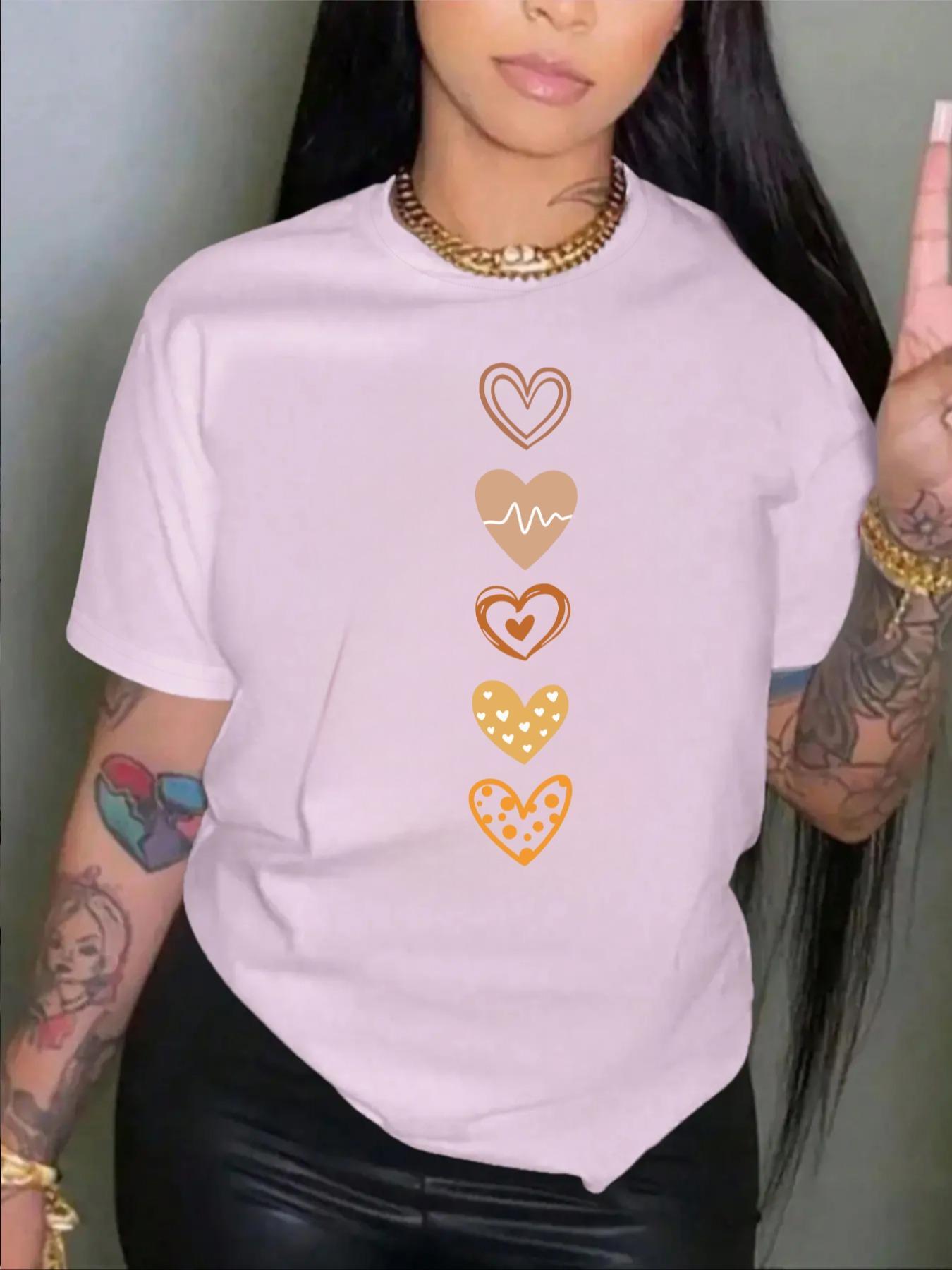 Women's Heart Print Round Neck Graphic Tee, Vintage Trendy Casual Drop Shoulder Short Sleeve T-shirt for Daily Wear, Ladies All Seasons Outfit, Womenswear Top