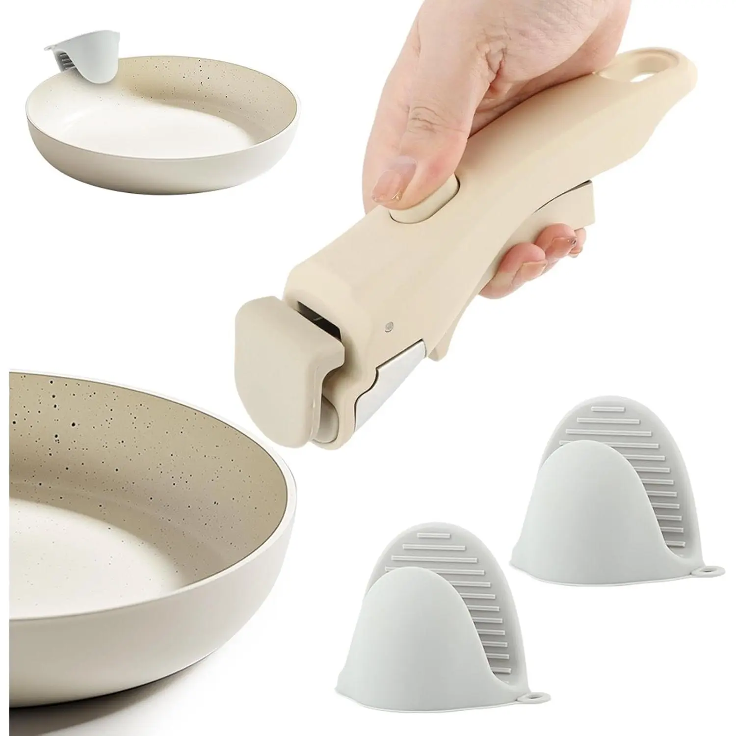Removable Pan Handle – Cream White w/ 2 Heat-Resistant  Mitts |   handle for any vertical- pot/pan. Tool-free  attachment, rubber non-slip grip,