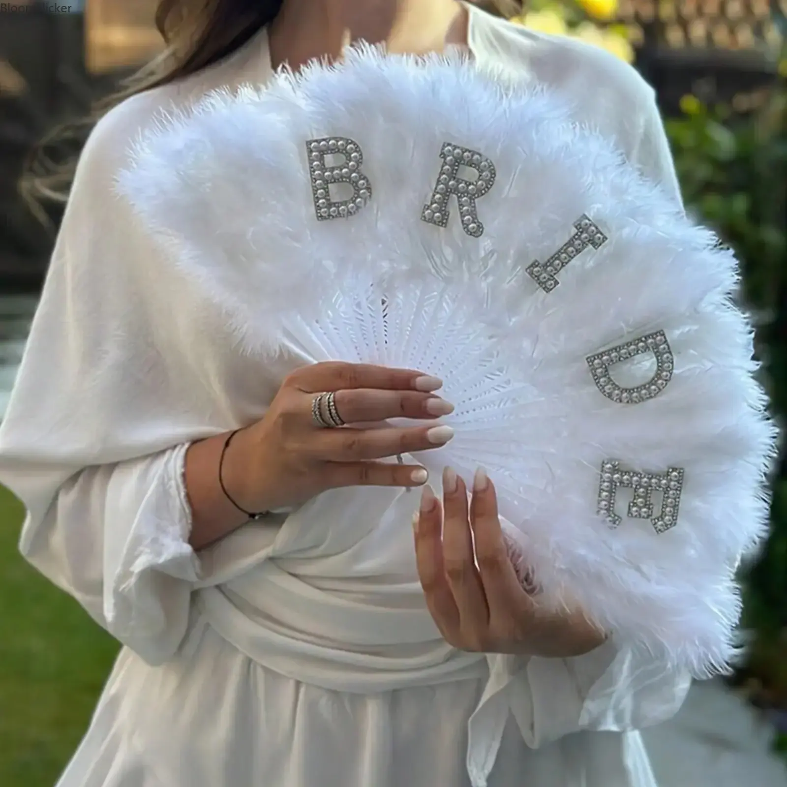 1 pc Non-Folding Pearl Artificial Feather Decorative Fan (48cm), Hand Fan, Bride Fake Feathers Fan, Wedding Party Decoration, Bridal Photo Prop, Engagement Decor, Wedding Hand Fans