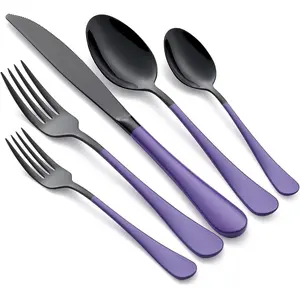 20-Piece Black Silverware Set 18/0 Stainless Steel Flatware Purple Handle Cutlery Set Service for 4 Includes Dinner Knives Forks Spoons Mirror Finish Dishwasher Safe
