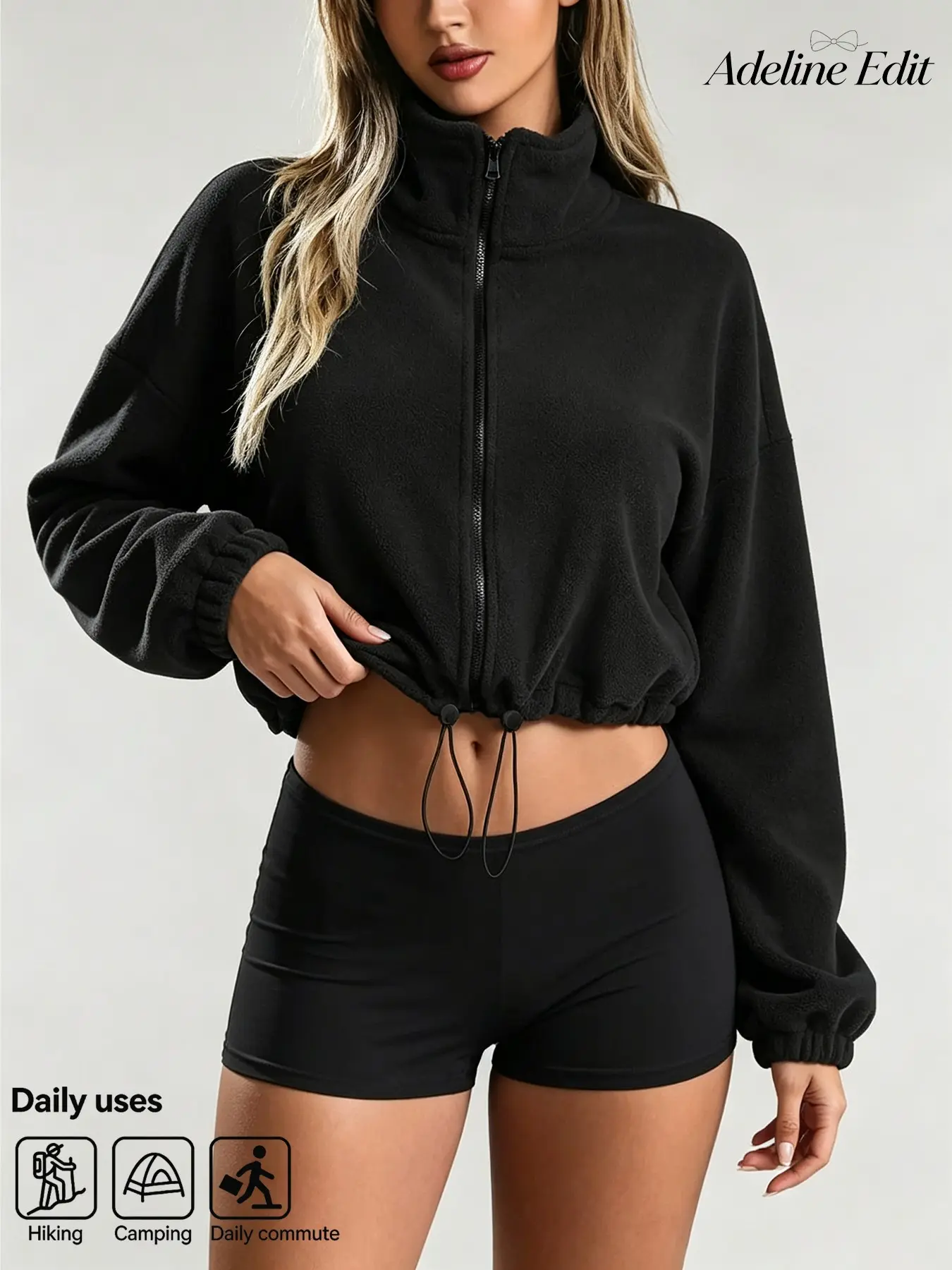 Women's Stand Collar Full Zip Fleece Short Jacket, Adjustable Drawstring Hem, Long Sleeve, Loose Fit, Outdoor Casual Pullover