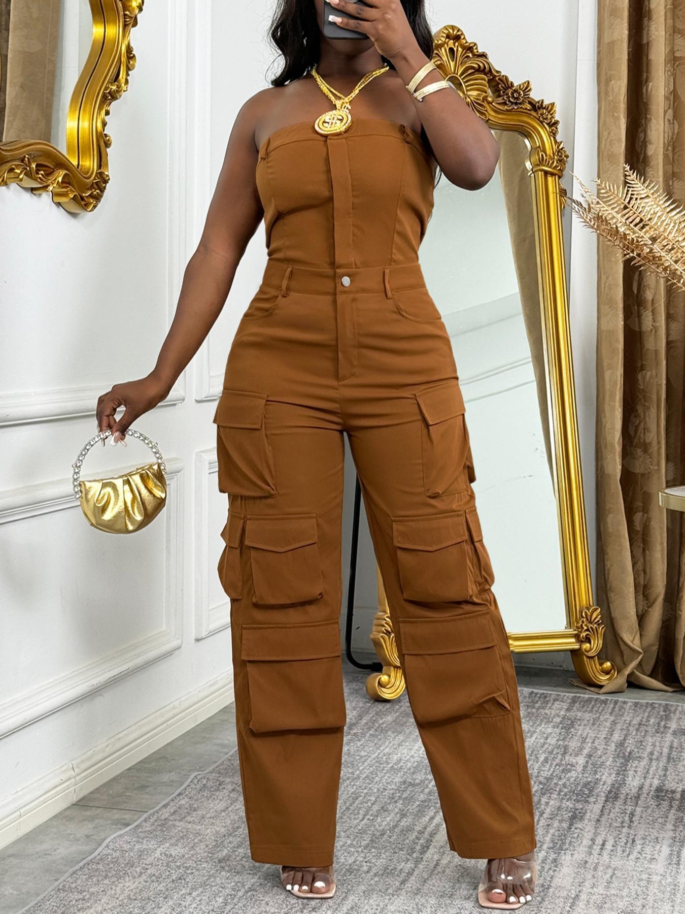 Women's Solid Flap Pocket Overalls Jumpsuit, Casual Street Fashion Strapless Sleeveless Jumpsuit for Daily Wear, Ladies Clothes for All Seasons, Solid Color Jumpsuit