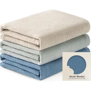 Home Muslin Swaddle Blankets for Baby, 3 Pack Cotton Breathable Soft Receiving Blankets for Newborn Boys and Girls, Baby Essentials & Gift, 38x40 inches(Blue)