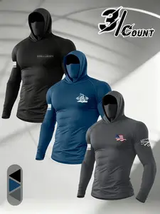 3-Pack Men's Patriotic Balaclava Hooded Long Sleeve Tees, Grunt Style Running Workout Casual Tops