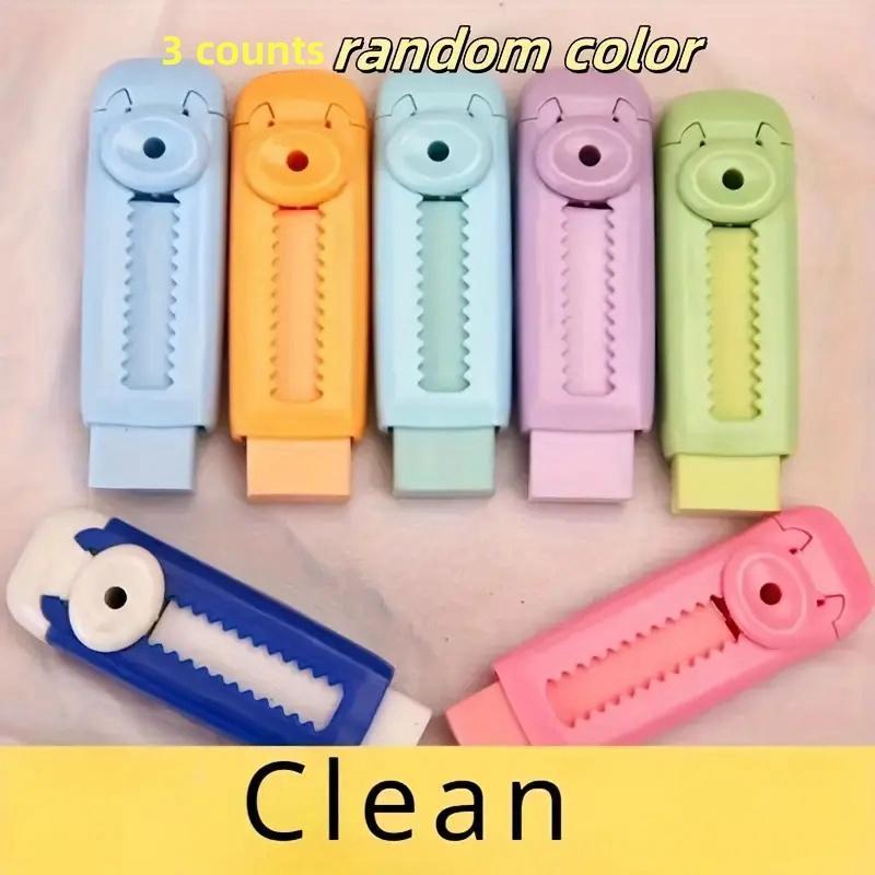 Random Color Mini Cute Eraser, 3 Counts Portable Retractable Eraser, Clean Eraser, Writing & Correction Tool for Home School Office