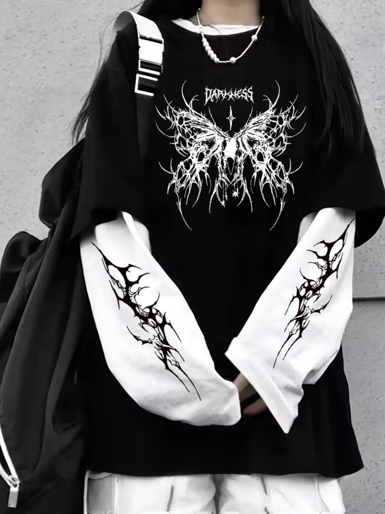 Women's Loose Casual Two-Piece Long Sleeve T-Shirt, Gothic Letter and Wing Lightning Print, Soft and Comfortable, Daily Wear