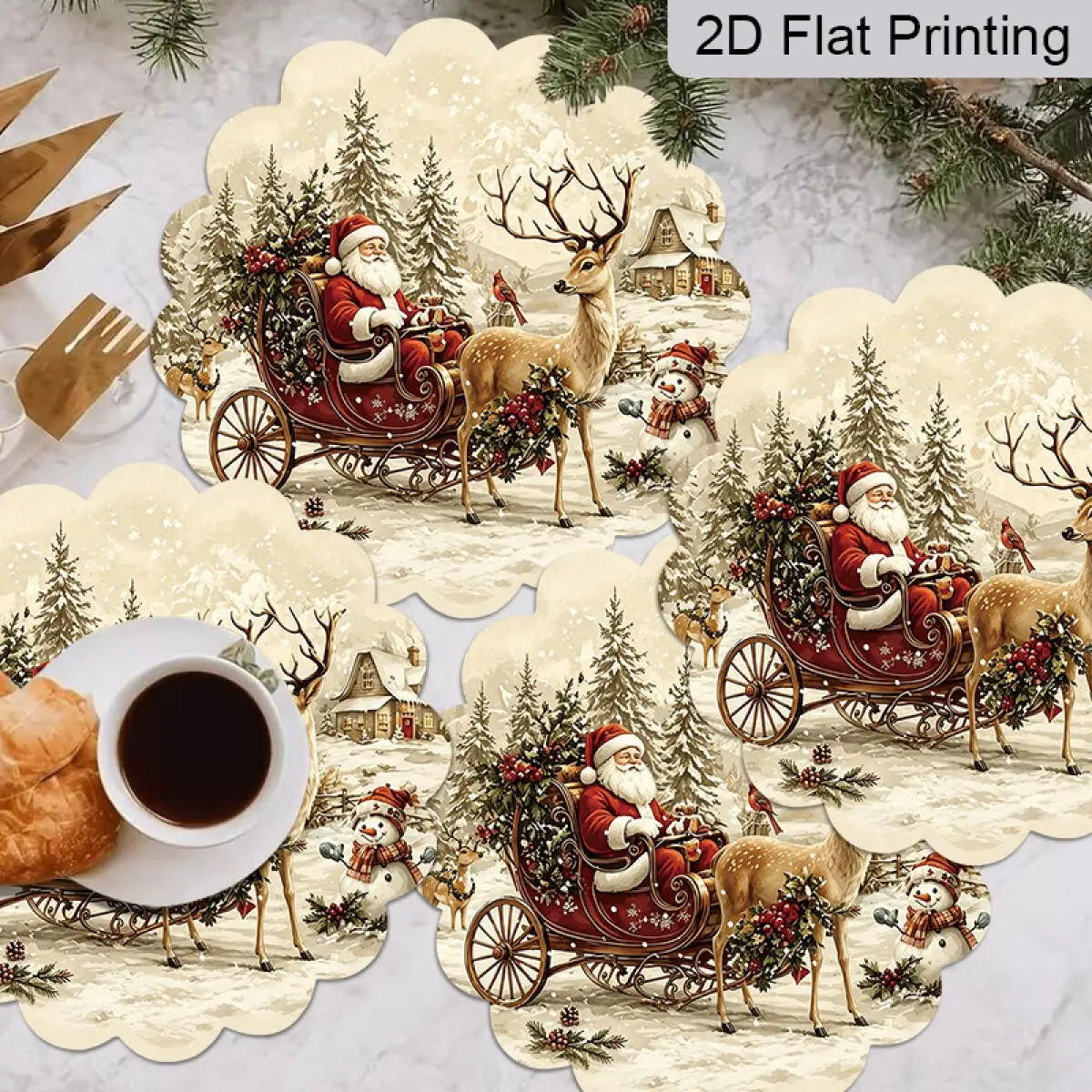 4pcs/set Snow Scene Reindeer Santa Claus 2D Flat Placemats, Winter Forest Snowman Christmas Table Decor Mats, Vintage Christmas Crafts, Christmas Gifts, Xmas Decorations, Halloween Decor Gifts, Holiday Presents, Dining Table Mats