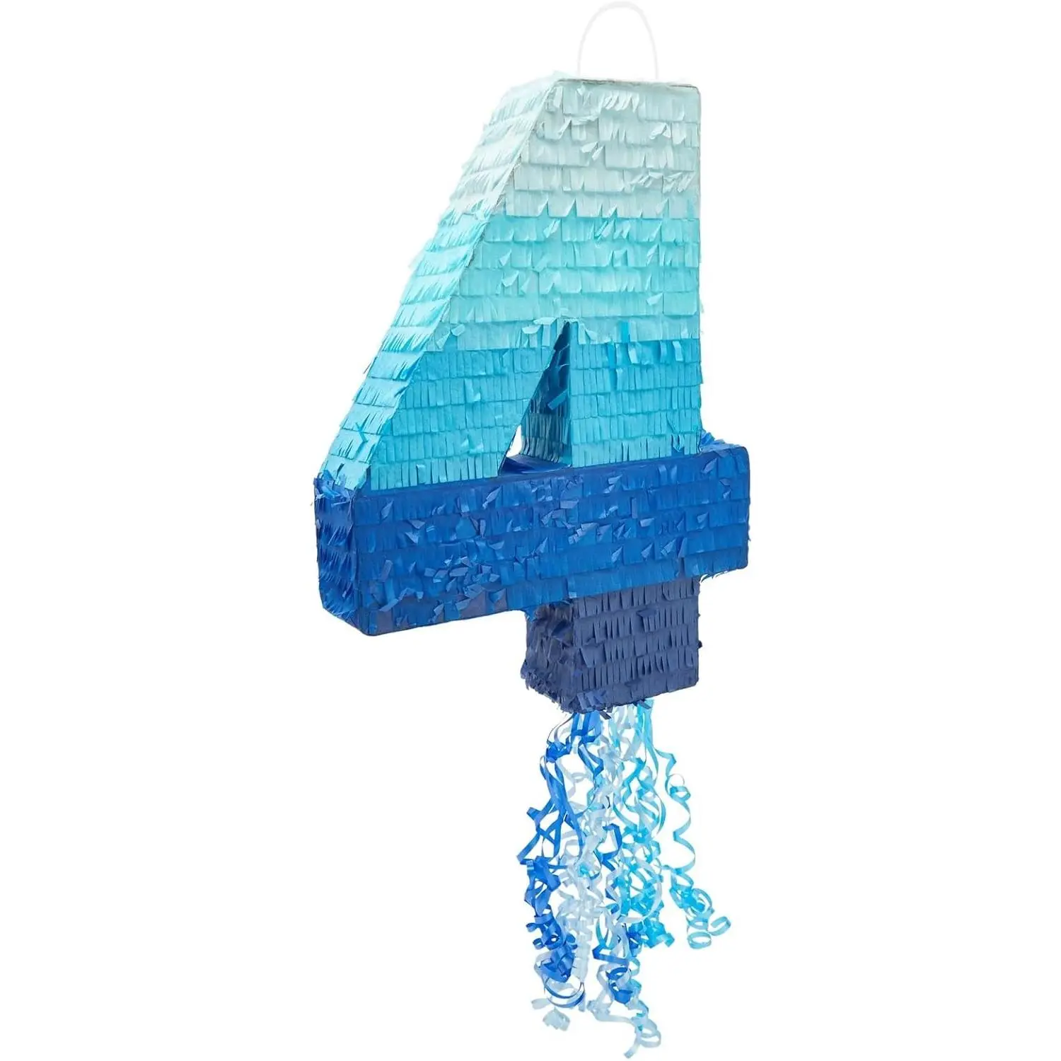 Pull String Number 4 Pinata Corrugated Ombre Blue Tissue Easy Fill Fun for 4 Year Old Boy Birthday Decor 16.5 x 12 x 3 in