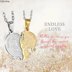 Stainless Steel Matching Couple Necklaces, Unisex Fashion Heart Shaped Pendant with Life Tree Puzzle Design, Letter Necklace Set for Couple-Themed Promise Gifts summerwins