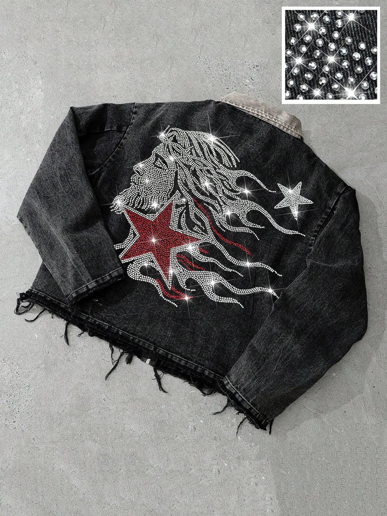 Men's Washed Vintage Short Jean Jacket, Frayed Edge Zipper Design, Back Rhinestone Jesus Star Flame Punk Coat