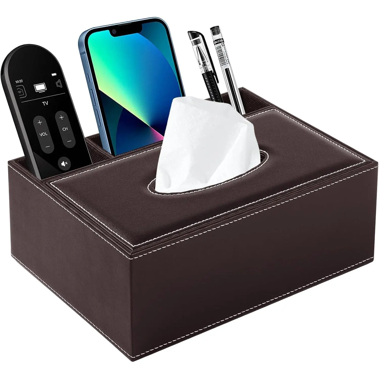 PU Leather Rectangular Tissue Box Cover - Multifunctional Tissue Box Holder with Stationery Remote Control Box, Decorative Tissue Pen Remote Organizer for /Office/Restaurant