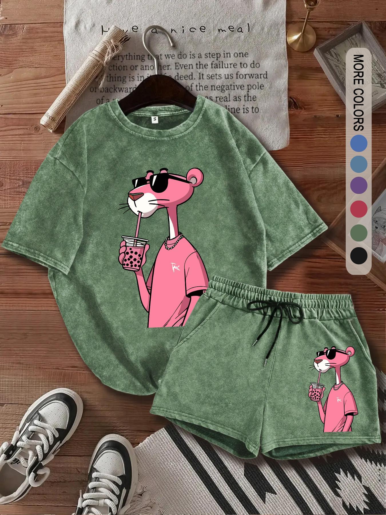 Two-piece Set Women's Panther Print Tee & Shorts, Casual Short Sleeve T-shirt & Shorts, Ladies Two-piece Outfits for Daily Wear, Clothes, Womenswear, Fitted, Crewneck Summer Beach Set, Shorts Sets