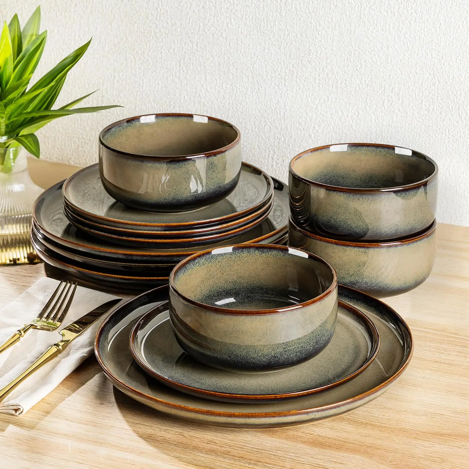 Ceramic Dinnerware Sets for 4, 12 count  Reactive  Plates and Bowls Set, Scratch Resistant Dish Set, Oven & Microwave & Dishwasher Safe, Mocha Brown