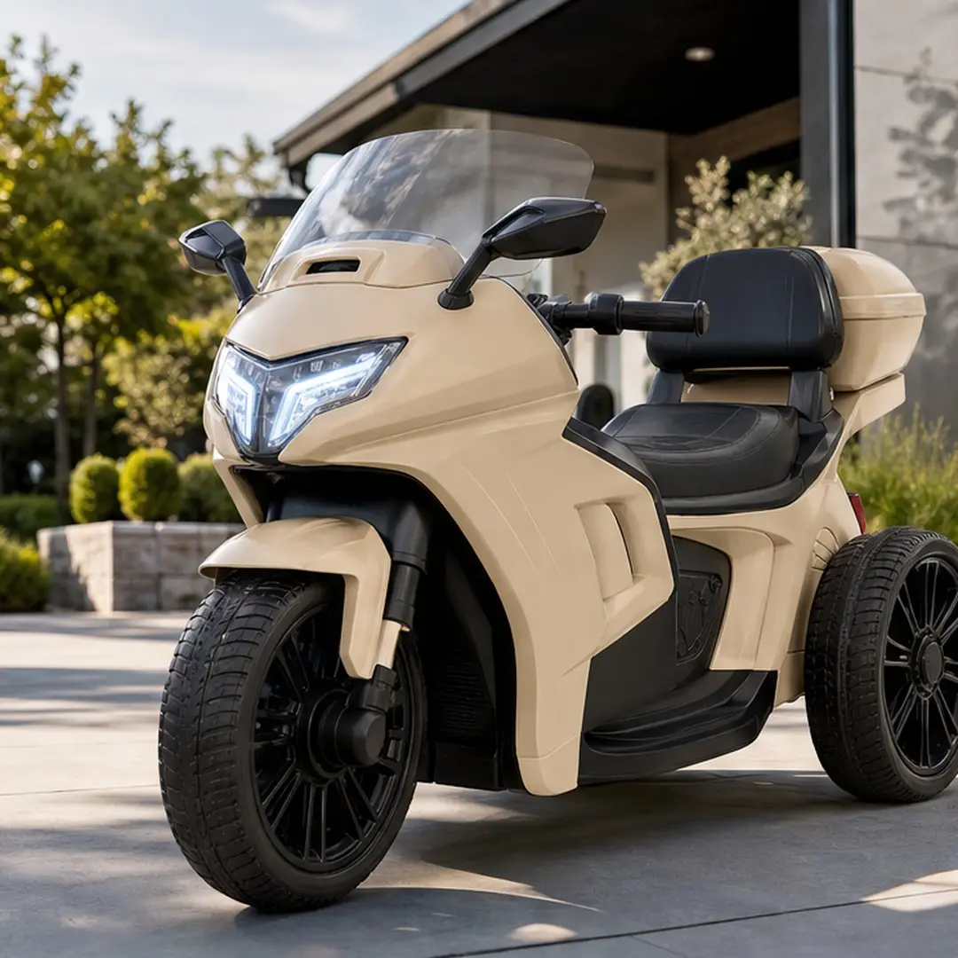 ARCH 12V Dual Motor Kids Ride On Electric Motorcycle Three-Wheel Toy with Music Bluetooth USB LED Headlight Anti-Slip Tires for Ages 3-6 Beige Polypropylene Outdoor Play Vehicle, Beige Color Options, Polypropylene Material, Product Dimensions: