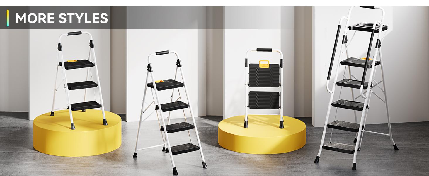 3 Step Folding Ladder, 800lbs Capacity Step Stool with Safety Lock, Non-Skid Wide Pedals, and Handrail, Lightweight, Household Ladder for Home, Kitchen, Pantry, Closets, and Office Use, White