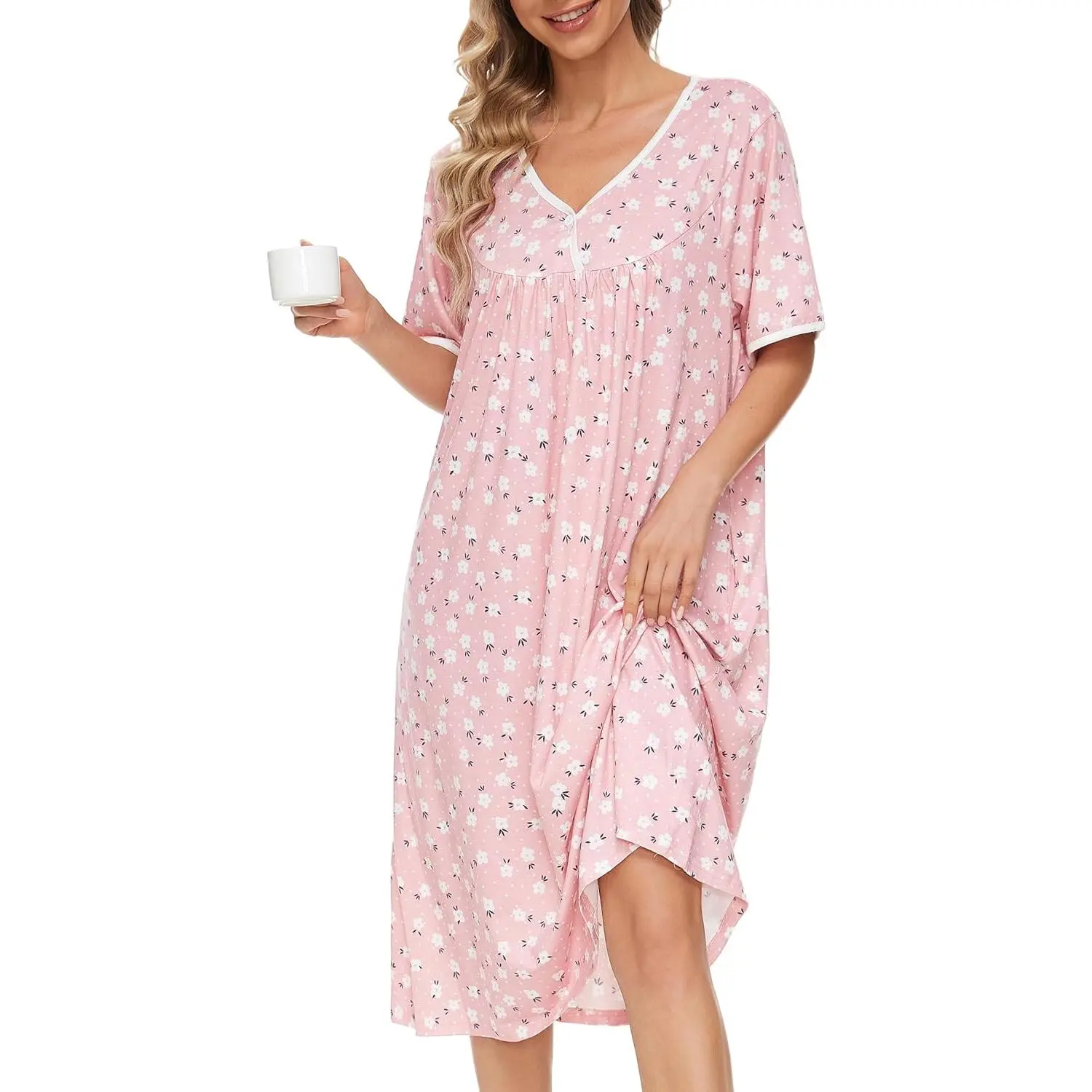 Nightgows for Women Soft Cotton Night Shirts Short Sleeve Sleepwear with Pockets