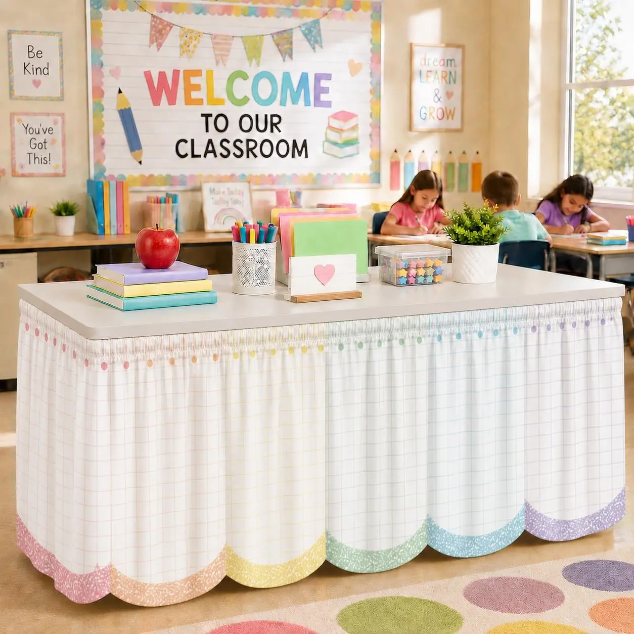 Teacher Desk Skirt 9 Feet, Classroom Table Decor, Fits Rectangular, Round, Oval Tables, Back-To-School Setup, Teacher Station Decoration, Decorations Supplies