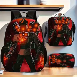 Skibidi Print Backpack 3pcs Set, Including a Large-capacity Backpack, a Pencil Case, and a Zippered Lunch Bag with Adjustable Straps. Lightweight Travel Backpack, for Teenager