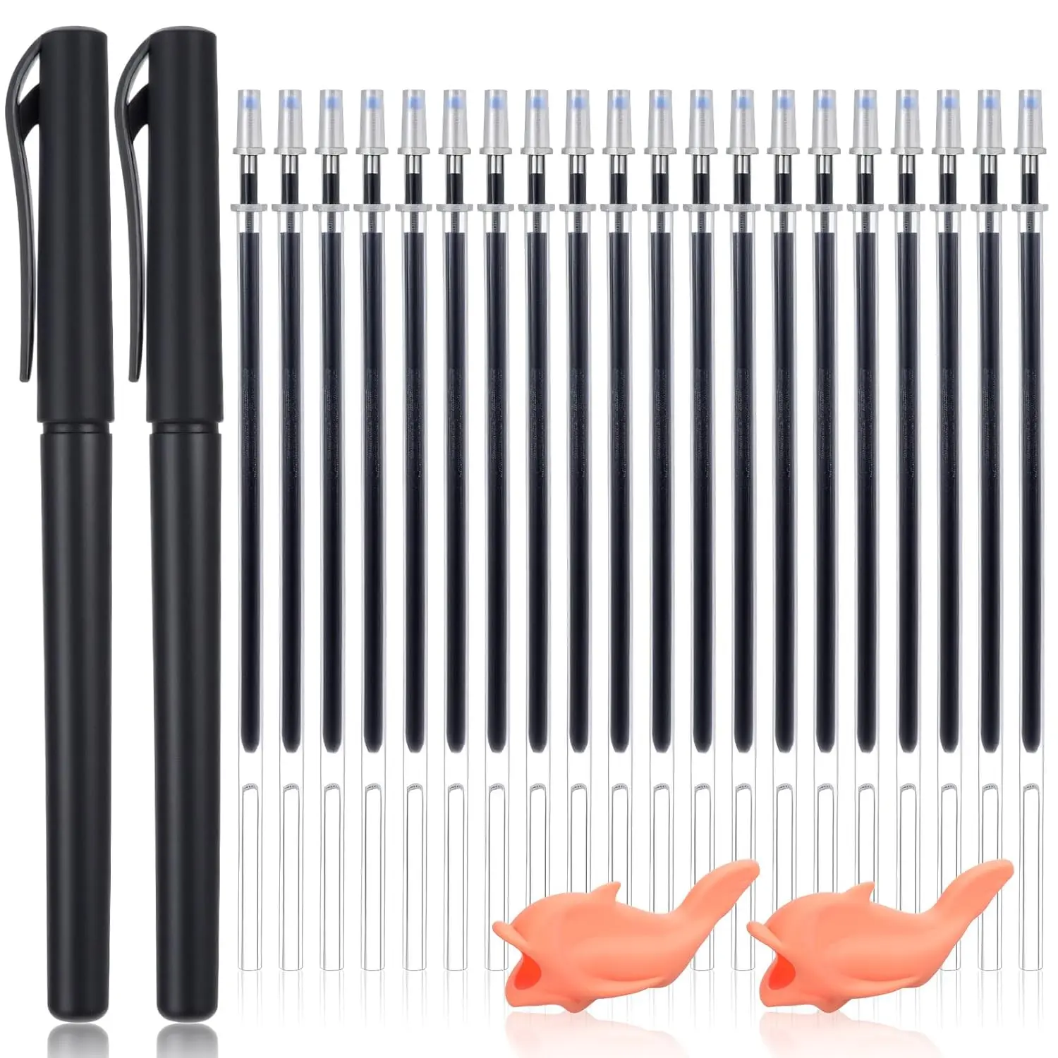 2 count Magic Pens & 20 Refills for Magic Practice Copybooks, Disappearing Invisible Ink Pens with 2 Pencil Grippers for Writing Tracing Books, Grooved Handwriting Workbooks