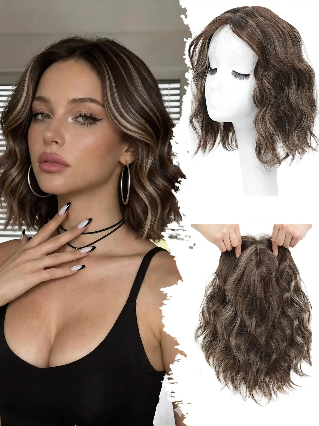 14 Inch Short Wavy Hair Topper for Women, Curly Synthetic Hairpiece, Breathable Base, Lightweight, Instant Volume, Crown Coverage
