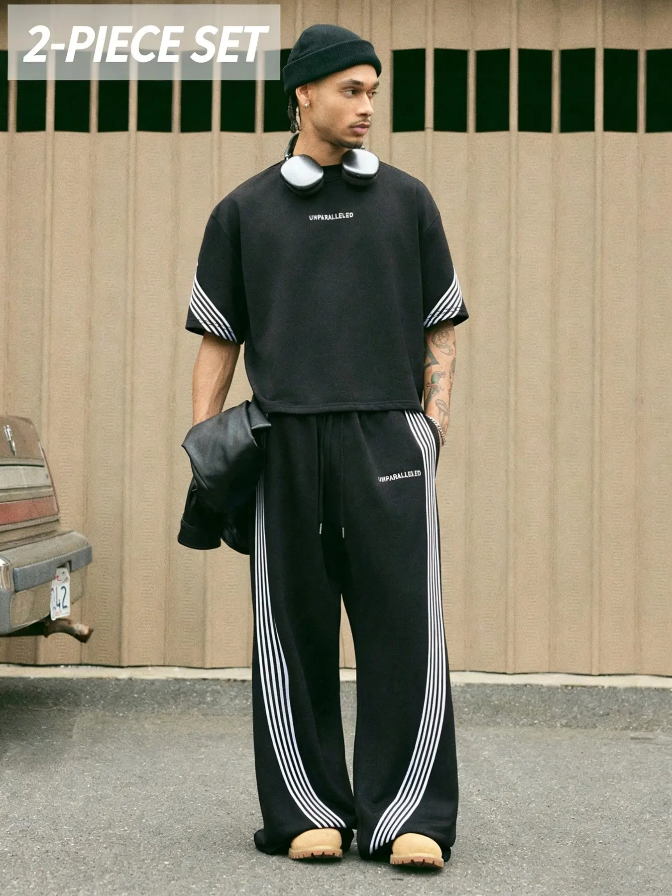 Men's Striped 2-Piece Tracksuit, Summer Tracksuits, Short Sleeve Top & Wide Leg Pants Set, Casual Streetwear Outfit, 2026 Summer Y2K Sporty Style, Daily Hangouts, Lounging, Errands, Viral TikTok Must Have Essential, Oversized Side Striped Drawstring Sw