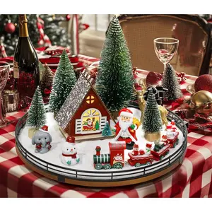 12 PCS Christmas Table Decorations Set with Oak Rotating Base, Xmas Town Village Centerpiece with Santa, Train, House, Trees & Figurines, Tabletop Decor for Holiday Dining & Coffee Tables