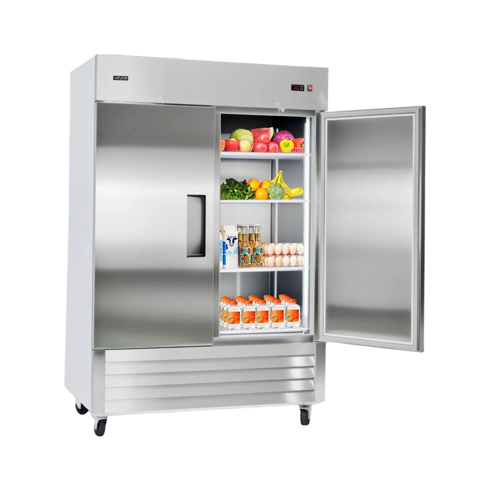 VEVOR Commercial Refrigerator, 32.2 in Width Reach In Upright Refrigeration Double Door, 43.2 Cu. ft Auto-Defrost Stainless Steel Refrigerator with 8 Adjustable Shelves, 32 to 50 Temp Range, 4 Wheels