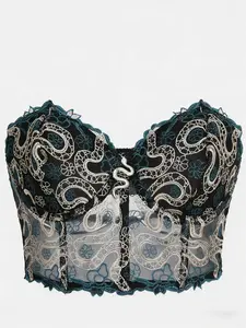 Gothic Snake Embroidery Sheer Fishbone Bustier Top with Vintage Court Style Strapless Design No Shoulder Slip-Proof Inner Wear Perfect for Daily and Date Wear
