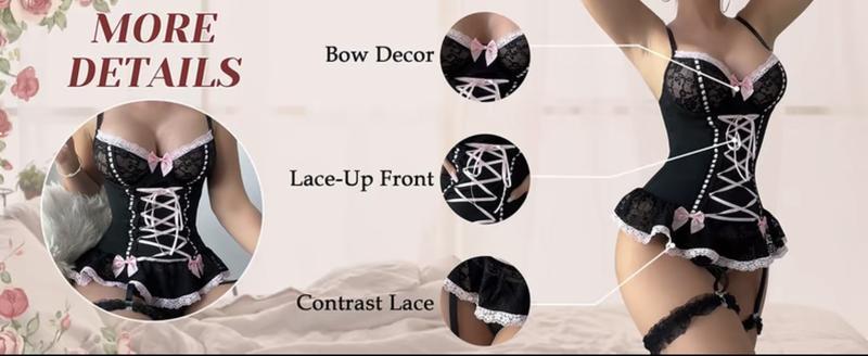 Women's Sexy Black & Pink Lace Corset Lingerie Set, Push-Up Bustier with Lace-Up Detail, Bow Accent Ruffle Hem Garter Belt Lingerie, Perfect for Valentine's Day, Date Night & Romantic Occasions, Seductive Maid Style Intimates