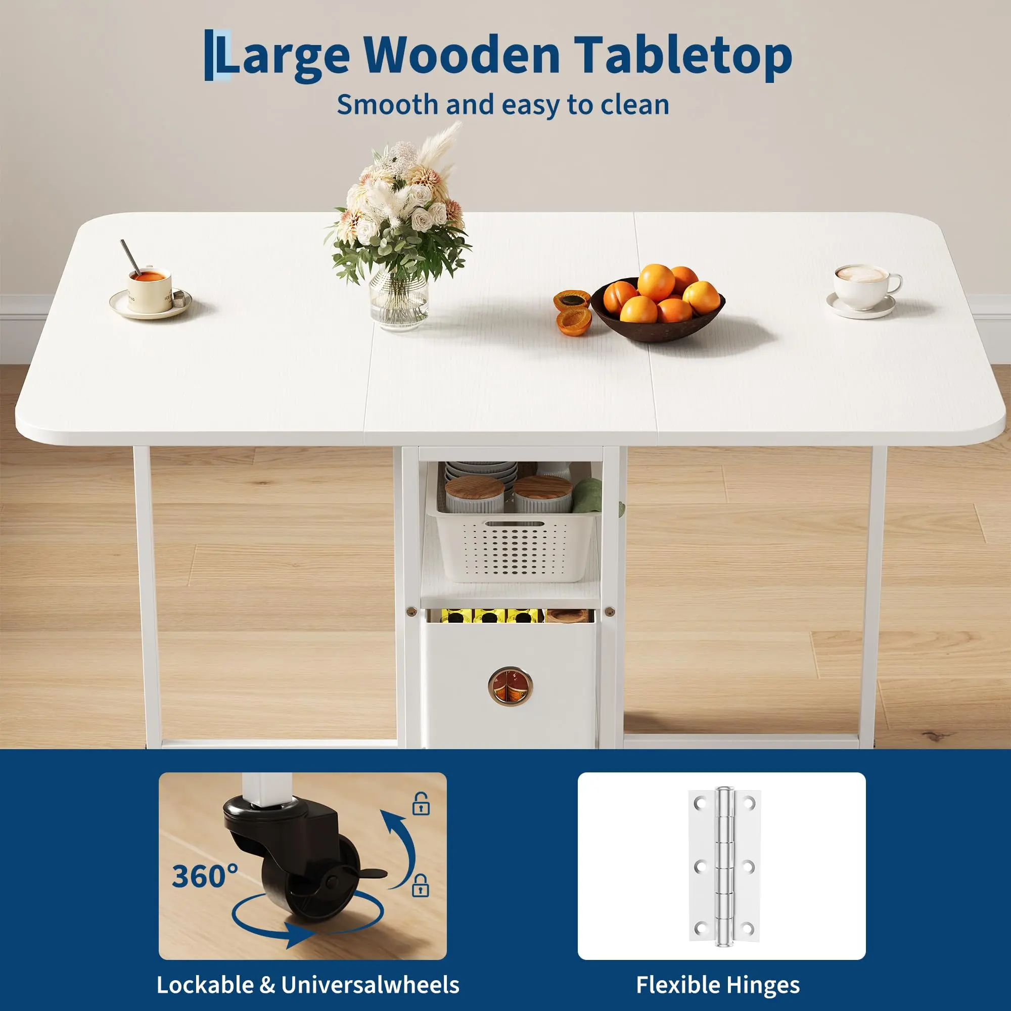 Rolling Drop Leaf Dining Table with Storage Drawers - Collapsible Extendable Space-Saving Kitchen Island Table on Wheels for Small Spaces