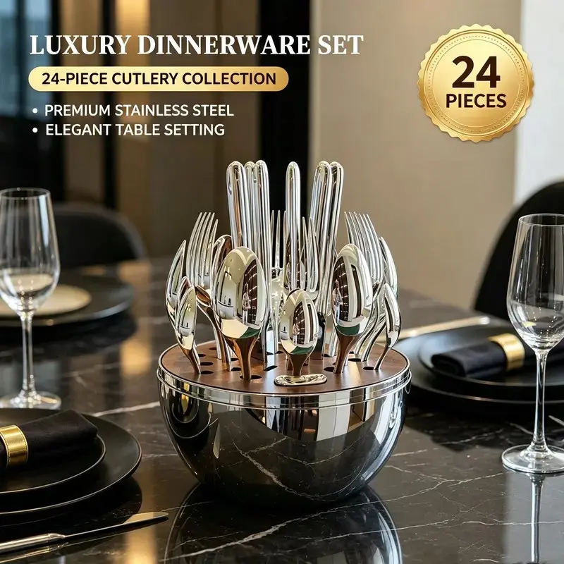 24pcs Stainless Steel Cutlery Set with Lids, Dust-Proof Storage, Water Drainage, High-End Practical Dining Utensils, Non-Bone China