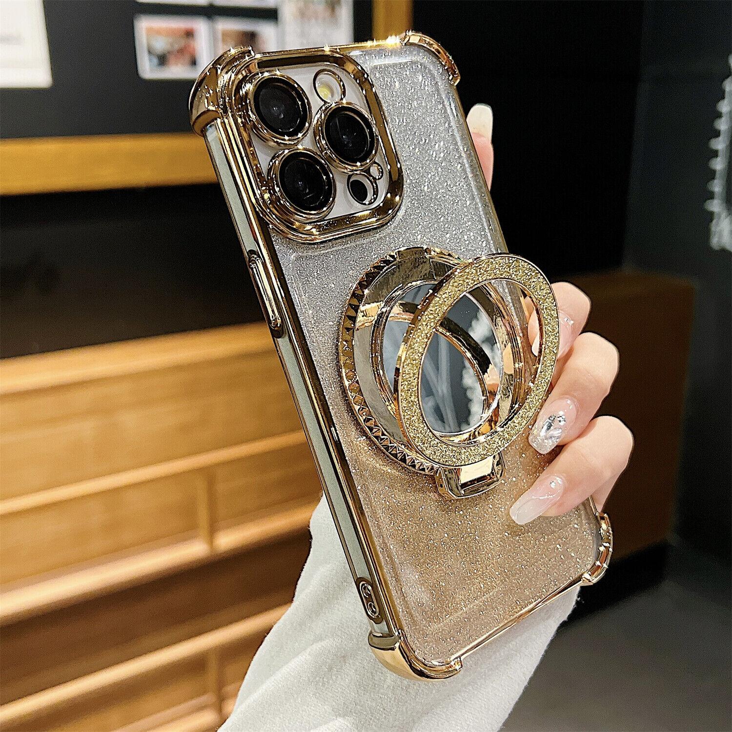 OREKROY Mirror Bling Case Ring Kickstand MagSafe Cover For iPhone 16 Pro Max 15 14 13 12,Anti-fall Shockproof Bling-bling twinkle Phone Cover,Phone Accessories
